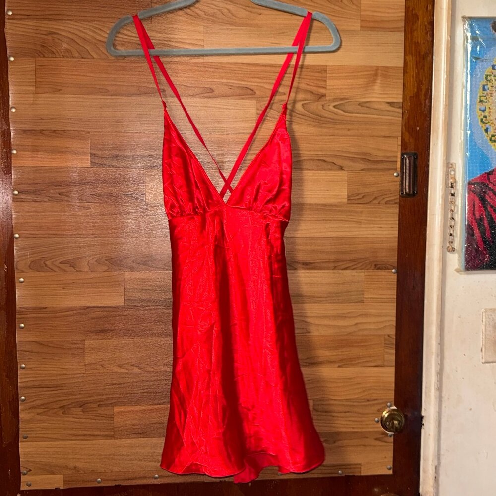 Adore Me Women’s Red Satin Lingerie Slip Dress L Stripy Open Back Nightwear NWT